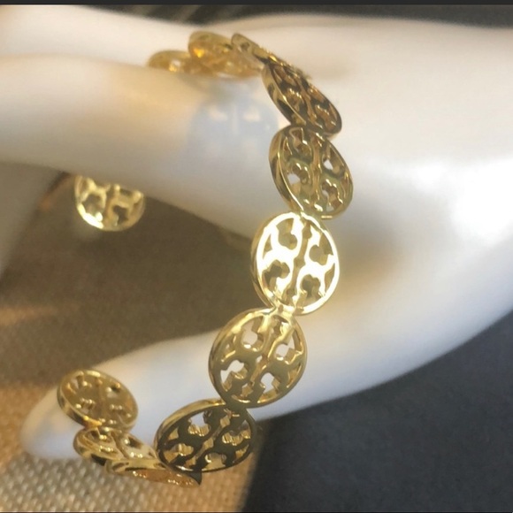🆕 Tory Burch Authentic Signature Gold Logo Cuff Shiny Brass T-logos Bracelet - Picture 7 of 14